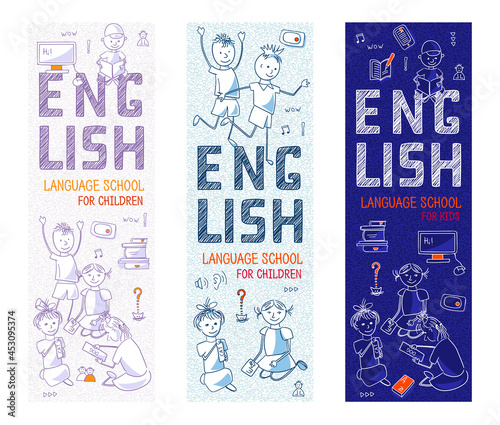 Set of vertical Internet banners for Children’s Language School / course. Teach, learn English. Leaflet with outline icons, symbols, signs on white and dark background. Line art for bookmark, vector