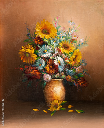 Fototapeta Naklejka Na Ścianę i Meble -  Oil painting depicting still life of flowers in vase. Impasto artwork.