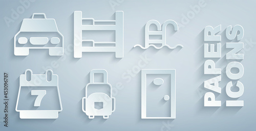 Set Suitcase, Swimming pool, Hotel booking calendar, door, room bed and Taxi car icon. Vector
