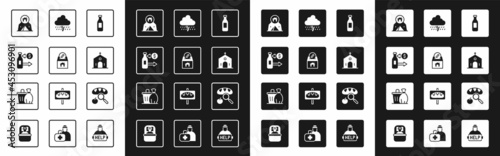 Set Bottle of water, Donation and charity, Reception glass bottles, Tourist tent, Church building, Cloud with rain, Searching for food and Trash can icon. Vector