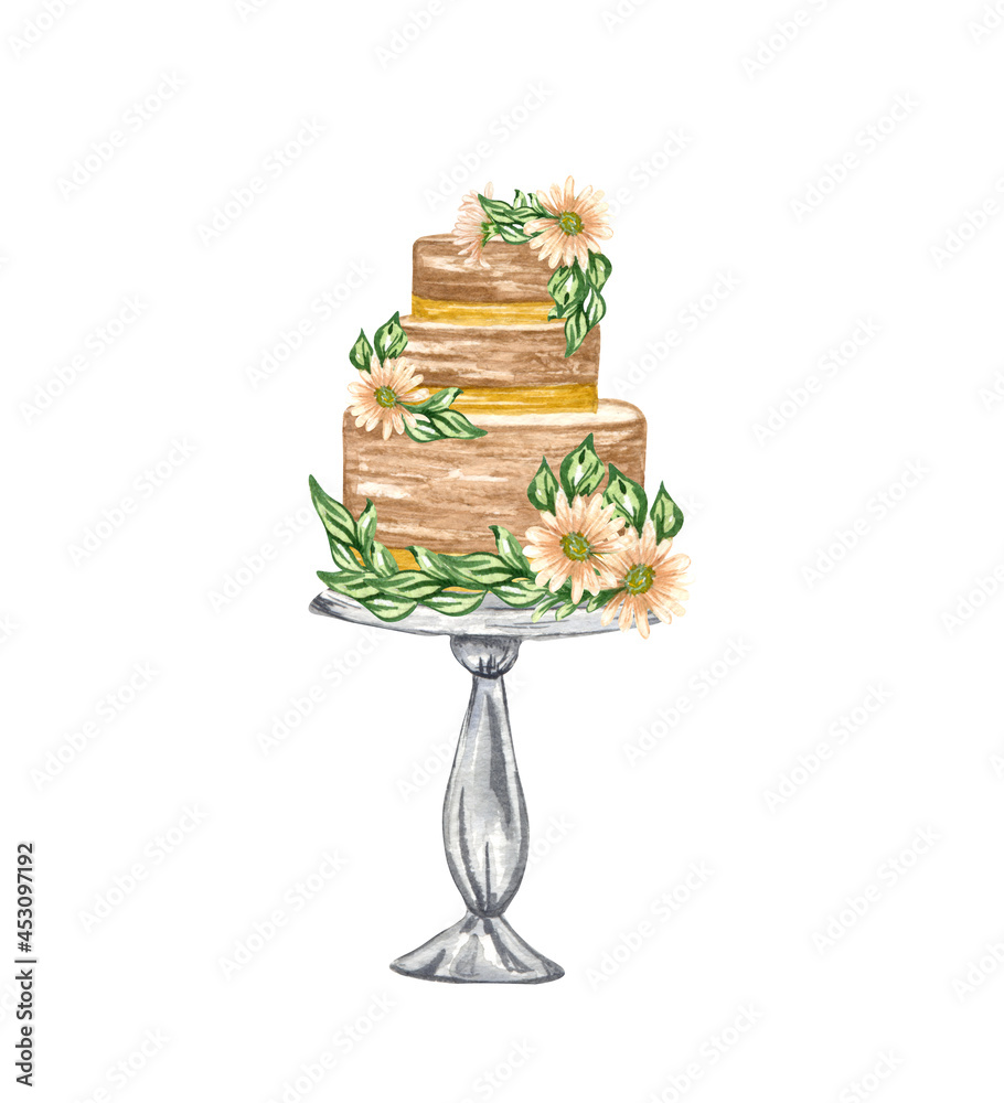 Watercolor layered wedding cream cake with floral decorations on a cake  stand. Birthday delicious cake. Cake clipart Stock-Illustration | Adobe  Stock