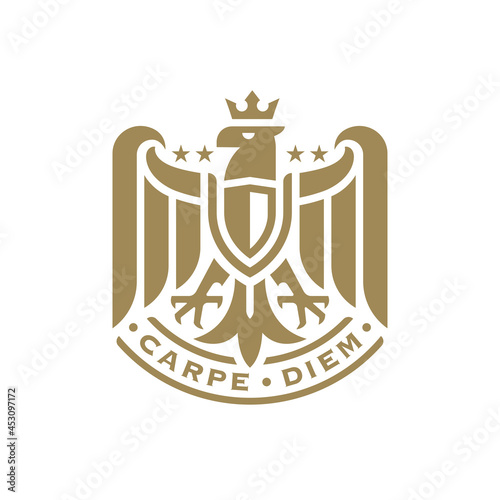 Heraldry flying eagle logo design. Heraldic falcon coat of arms emblem. Royal crest bird icon. Carpe Diem hawk insignia badge. Vector illustration.