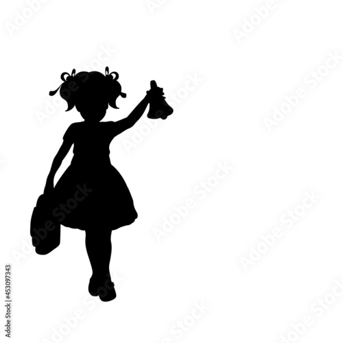 Silhouette girl with school backpacks and with bell. Back to school.