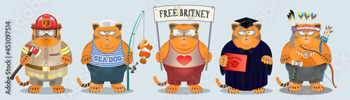 A set of cartoon fat red serious cats. Firefighter with an ax, a sailor with a fish, an activist and placard with motto, free britney. Graduate with a diploma, American Indian with bow and tomahawk