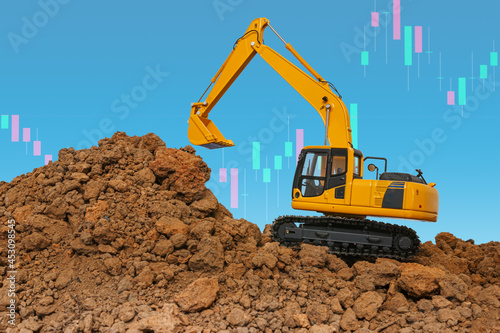 Excavator business construction industrial concept ,With stock exchange market graph analysis background