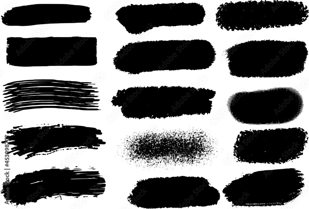 Set of vector brush strokes. Vector black paint, rectangular ink brush stroke and shapes set. Dirty grunge design element, box or background for text. Grungy smears and rough stains. Hand drawn ink il Set of vector brush strokes. Vector black paint, rectangular ink brush stroke and shapes set. Dirty grunge design element, box or background for text. Grungy smears and rough stains. Hand drawn ink il