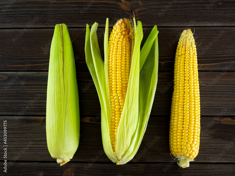 Raw corn cobs. Sweet corn harvest. Corncobs with leaves and husk on dark wooden table. Maize ears and kernels. Flat lay. Top view. Still life. Raw corn cobs. Sweet corn harvest. Corncobs with leaves and husk on dark wooden table. Maize ears and kernels. Flat lay. Top view. Still life.