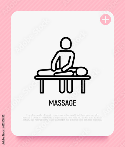 Massage thin line icon. Rehabilitation, relaxation, physiotherapy, osteopathy. Modern vector illustration.