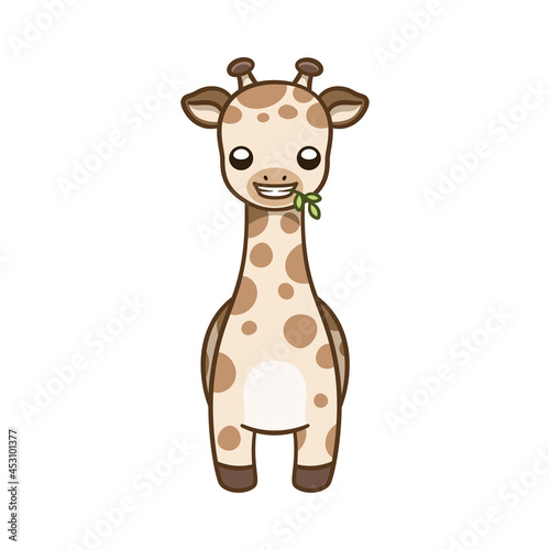 Cute giraffe eating leaves cartoon clipart vector illustration. African woodland animal element for print  design  stickers etc.