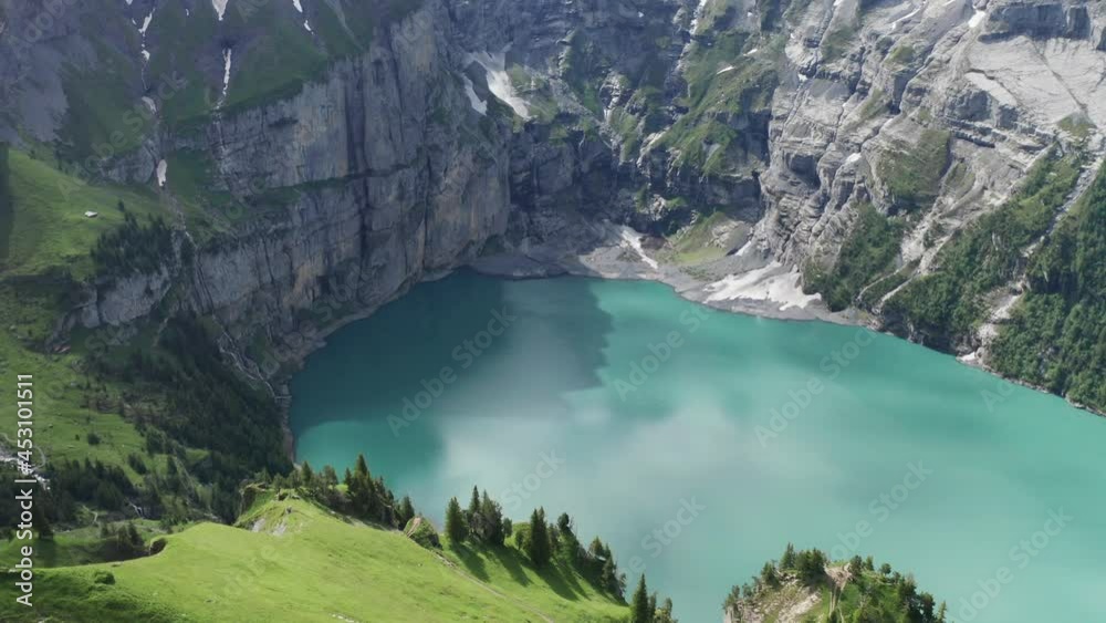 Blue alpine lake from aerial view in 4k Blue alpine lake from aerial view in 4k