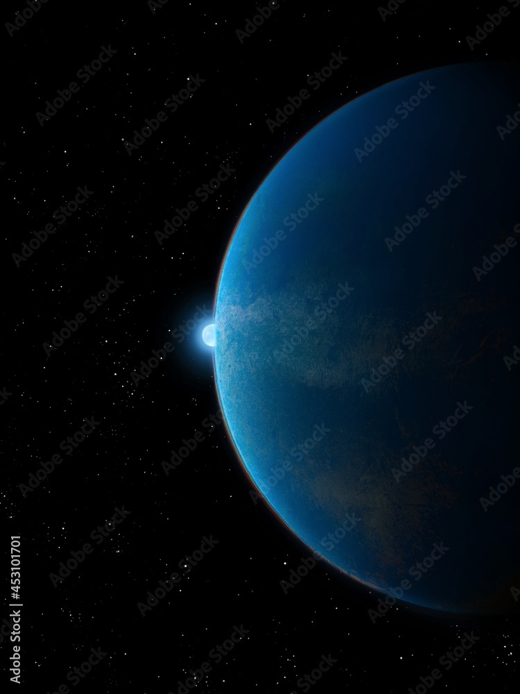 Sunrise on a blue earth-like planet, view from space. Alien planet with a star 3d illustration.