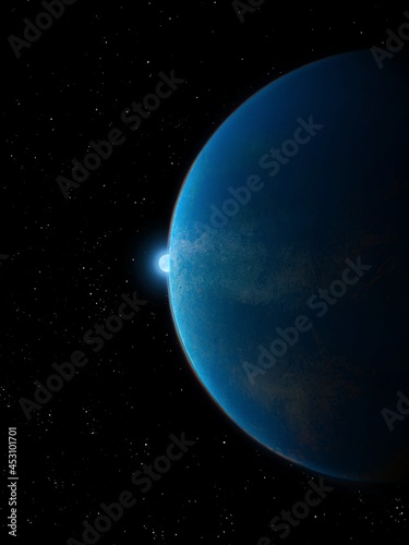 Sunrise on a blue earth-like planet  view from space. Alien planet with a star 3d illustration.