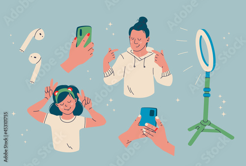 Blogging elements set. Ring light, wireless headphones, smartphone, digital content creator.
