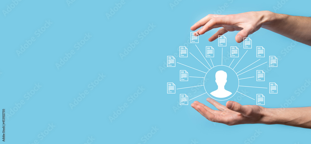 Document Management System DMS .Businessman hold user and document icon.Software for archiving, searching and managing corporate files and information.Internet Technology Concept.Digital security. Document Management System DMS .Businessman hold user and document icon.Software for archiving, searching and managing corporate files and information.Internet Technology Concept.Digital security.