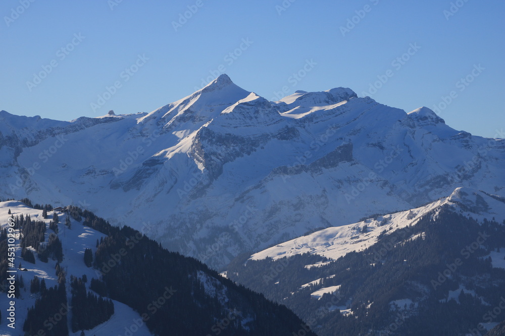 Mount Oldehore and Diablerets Glacier. Winter landscape near Gstaad, Switzerland.