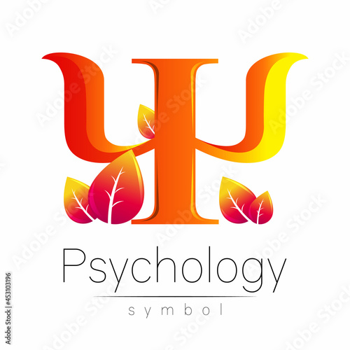 Modern Vector logo of Psychology Orange Letter Psi with Leaves in Creative style. Logotype in vector. Design concept. Brand company. Isolated on white background.