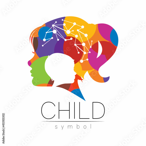 Child Girl Vector Color Logo of Grow Up Kids Silhouette profile human head. Concept logo for people, children, autism, kids, therapy, clinic, education. © vittmann