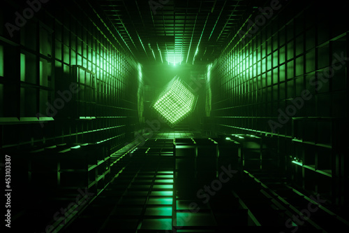 Fototapeta Naklejka Na Ścianę i Meble -  3d rendering dark sci-fi corridor background with green neon wireframe cube. 
