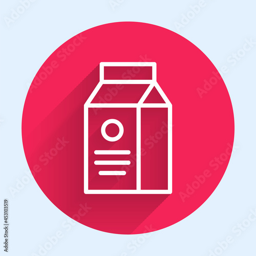 White line Paper package for milk icon isolated with long shadow background. Milk packet sign. Red circle button. Vector