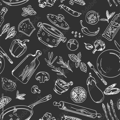 Drawing with chalk on a blackboard seamless pattern with vegetables and kitchen utensils, cook