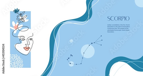 Zodiac background. Constellation Scorpio. The element of water. Horizontal banner. One line.