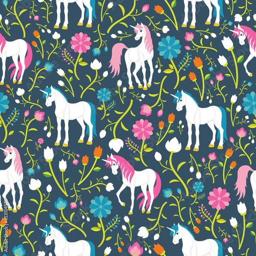 Seamless texture with colorful unicorns and flowers. For background, fabric, wallpaper, textiles, wrapping paper.