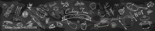 Panel kuchenny z motywem Drawing with chalk on a blackboard with vegetables and kitchen utensils, cook