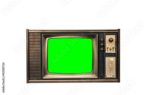 Vintage old television with cut green screen isolated on white background. Classic, retro old tv technology. clipping path