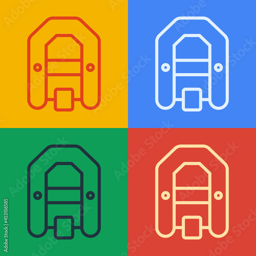 Pop art line Rafting boat icon isolated on color background. Inflatable boat with paddles. Water sports, extreme sports, holiday, vacation. Vector