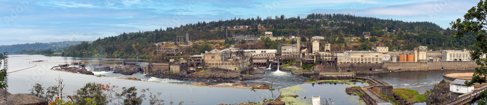 Panorama of historic Oregon City paper mill on the Willamette River.