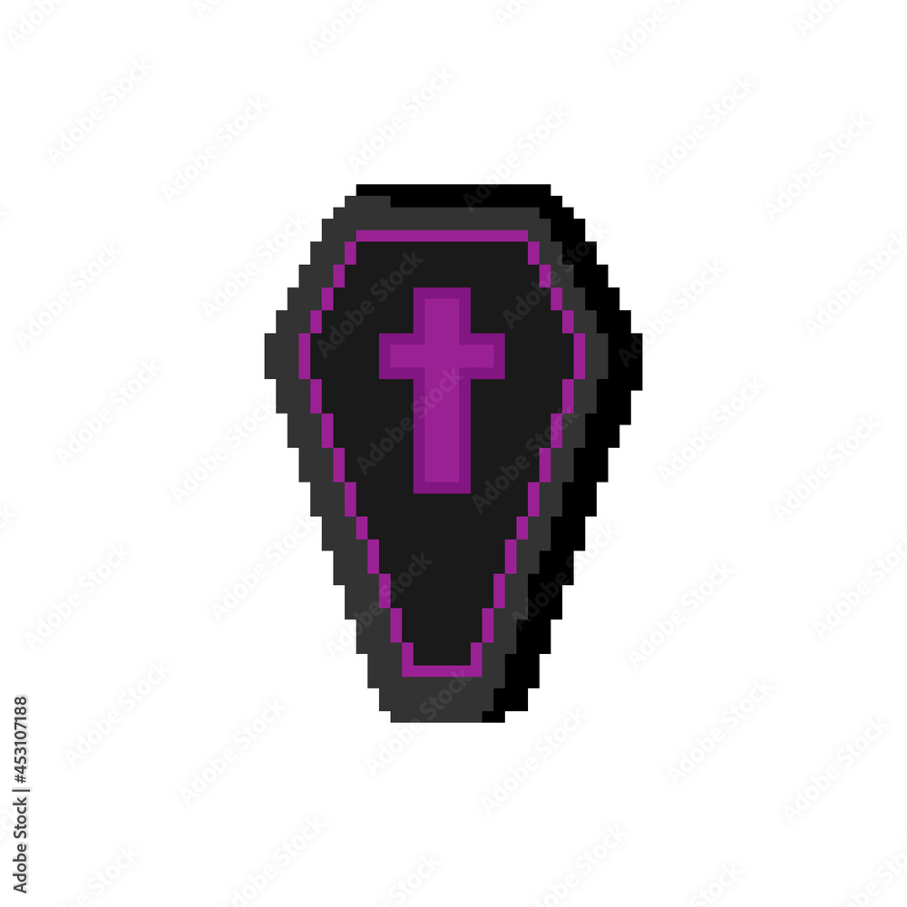 Obraz premium pixel art coffin. Halloween cute vector decorative coffin in pixel art gamer style. 8 bit retro pixel illustration of black coffin with purple cross.