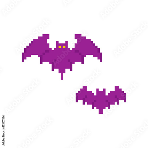 Pixel art bats. Halloween decoration in 8 bit retro pixel style. Pair of pixel art vampire purple bats on a white background. Vector.