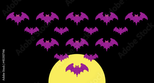 Creepy pixel art background with flock of bats. Halloween or gamer background with black night. Yellow moon and huge amount of vampire bats. Tons of creepy bats. Pixel art simple illustration. Vector.