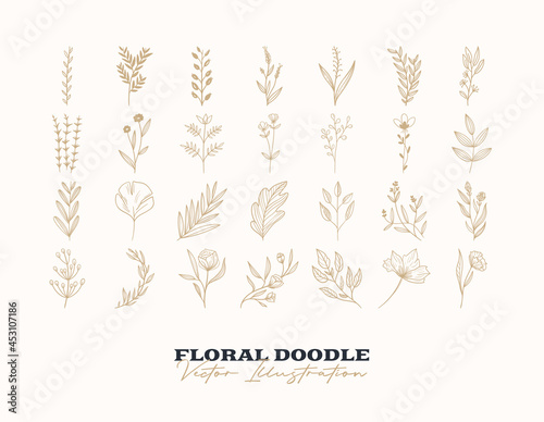 Doodle vector flowers set. Hand drawn Decorative elements for design. Ink, vintage and rustic styles.