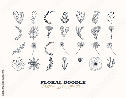 Doodle vector flowers set. Hand drawn Decorative elements for design. Ink, vintage and rustic styles.