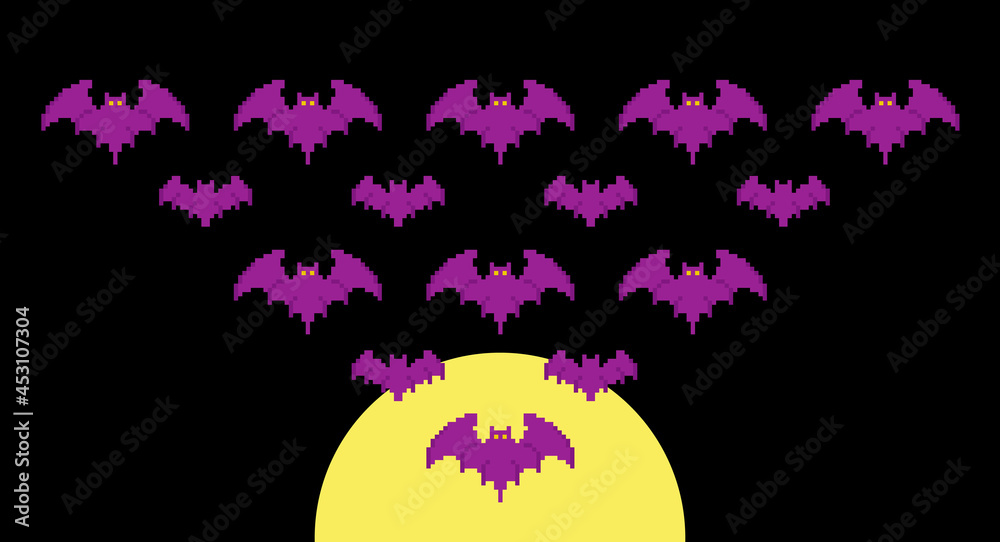 Creepy pixel art background with flock of bats. Halloween or gamer background with black night. Yellow moon and huge amount of vampire bats. Tons of creepy bats. Pixel art simple illustration. 