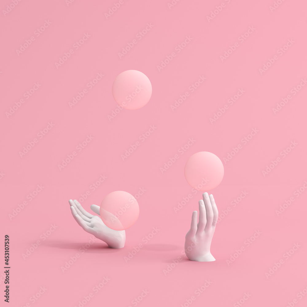 3d rendering of juggling balls with white hands sculpture on pink background.