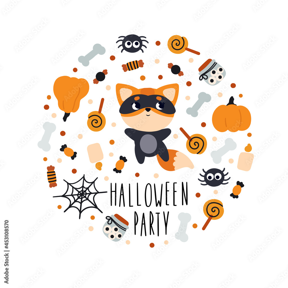 Fototapeta premium A postcard with a fox in a circle with objects. Halloween card