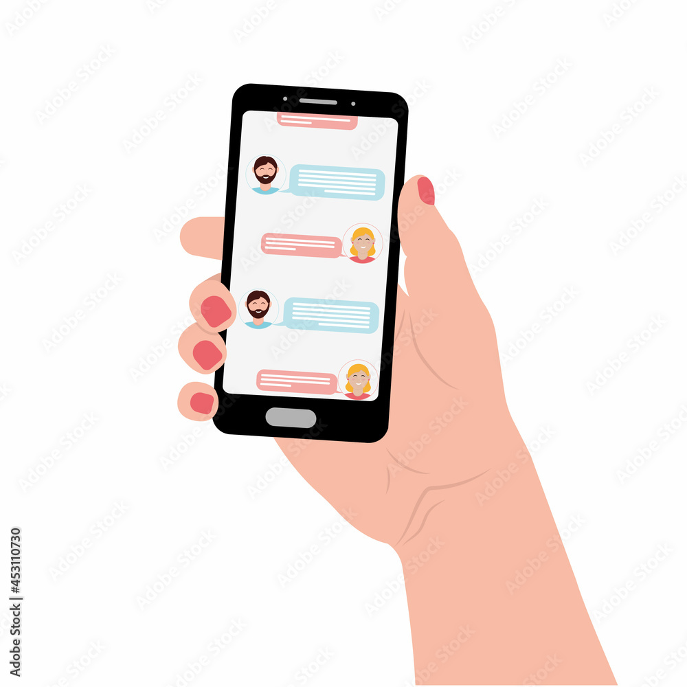 a man and a woman correspond in a chat on the phone, color vector illustration a man and a woman correspond in a chat on the phone, color vector illustration