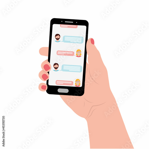 a man and a woman correspond in a chat on the phone, color vector illustration