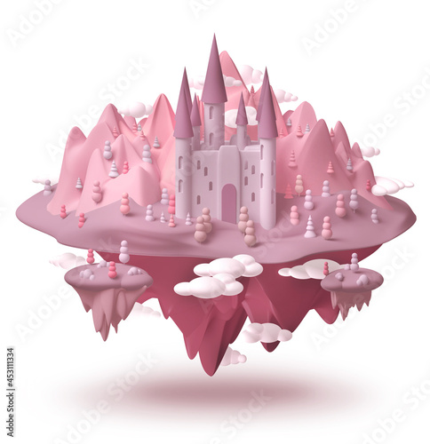 Dream castle on fantasy island pink landscape floating in the air 3D photo