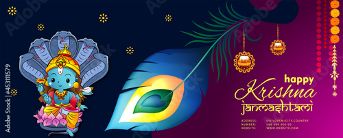 Celebrating happy Janmashtami festival of India with llustration of Lord Krishna with text in Hindi meaning 'Krishan Janmashtami'- vector background
