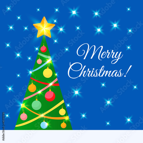 Merry Christmas Vector Greeting Card with Decorated XMAS tree and Beautiful Stars. Cartoon Winter Holiday Template. Vector Illustration.