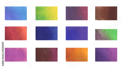 Set of 12 watercolor abstract gradients. Multicolor design elements. Colorful gradient rectangles.