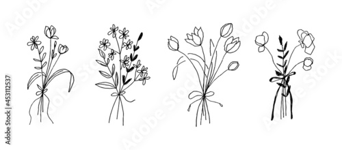 Black line flowers bouquet. Vector hand drawn floral illustrated in black and white.
