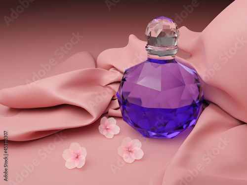 Perfume in a glass bottle in the form of a spherical polyhedron. 3D render.