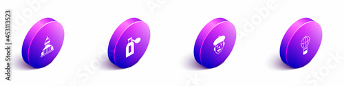 Set Isometric Museum building, Perfume, French mime and Hot air balloon icon. Vector