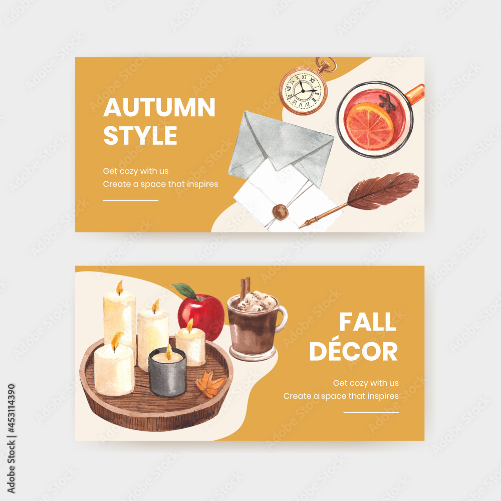 Twitter template with autumn home cozy concept,watercolor style