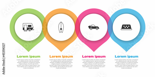 Set Rv Camping trailer, Surfboard, Car and Taxi car roof. Business infographic template. Vector