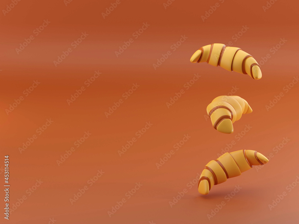 Delicious, fresh croissants on  background. Croissants isolated. French breakfast 3d rendering